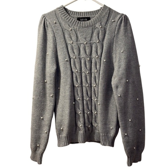 fab'rik Sweaters - Chunky CableKnit‎ Crewneck Sweater Pearl Puff Sleeve Gray Old Money|Quiet Luxury
